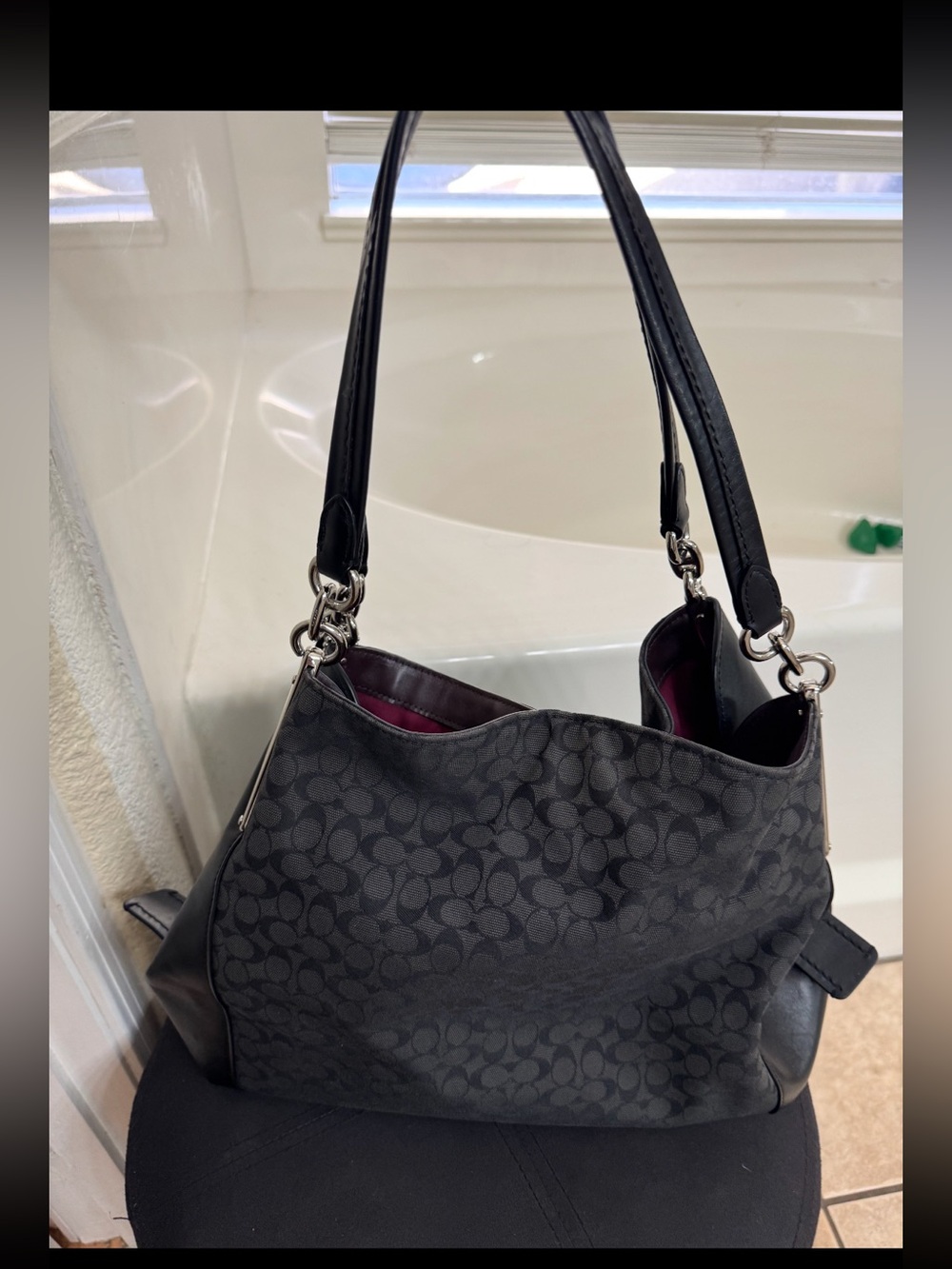 Coach Black Signature Canvas Shoulder Bag with Leather Trim